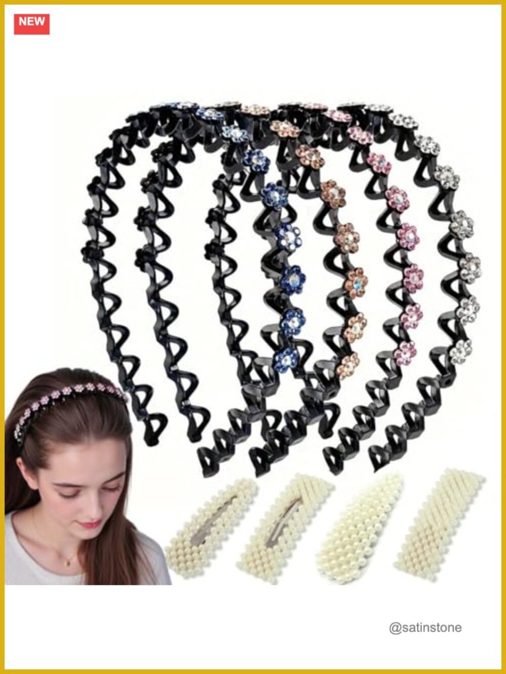 Rhinestone Crystal Wavy Headbands Non Slip Hair Accessories Set of 8